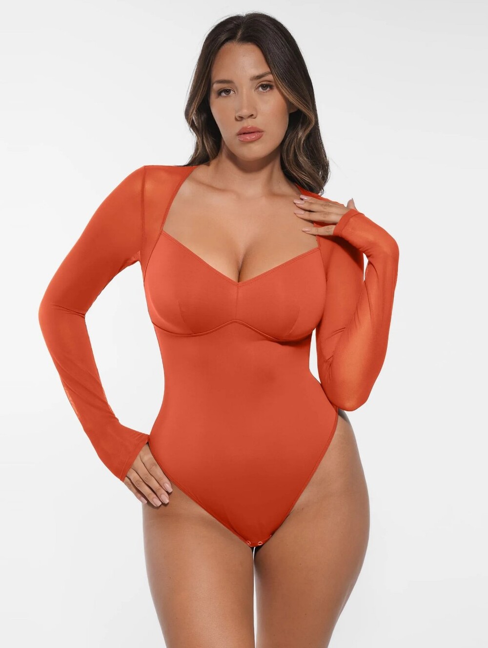 New Women's Slimming Orange Long Sleeve V-Neck Bodysuit Top By Feelingirl Medium